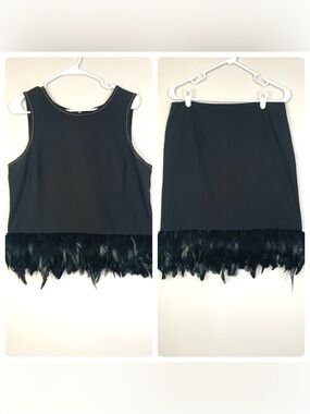 Nicole Miller 8/Large Black Iridescent Feather Beaded Top Skirt Set Outfit Party
